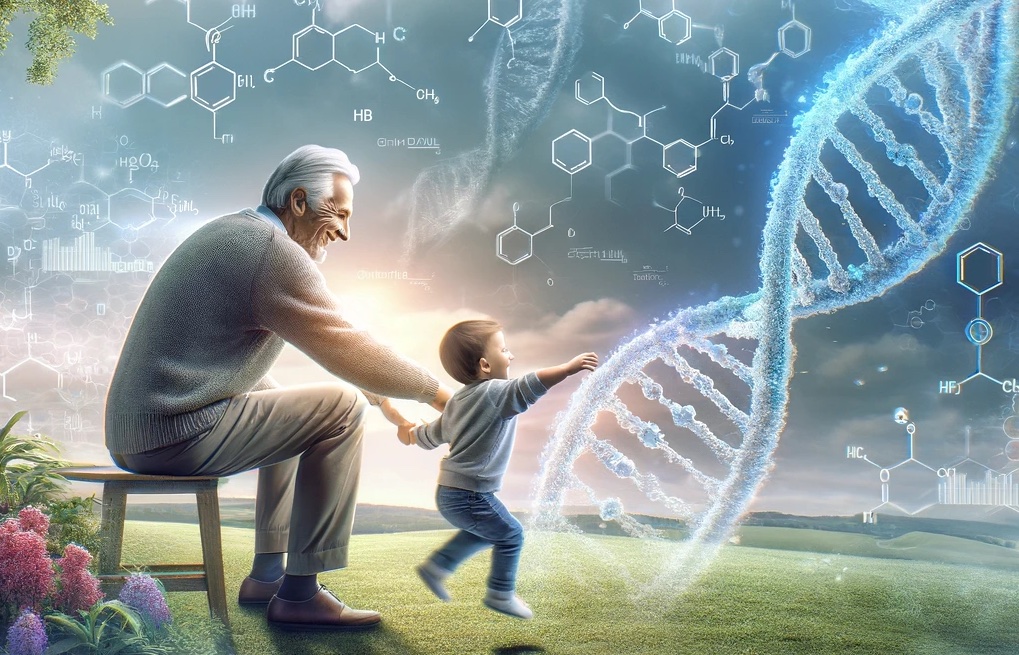 Idoso sorridente estendendo a mão para criança, simbolizando esperança e vida, com DNA e fórmulas químicas ao fundo, representando avanços no tratamento do câncer com Imbruvica