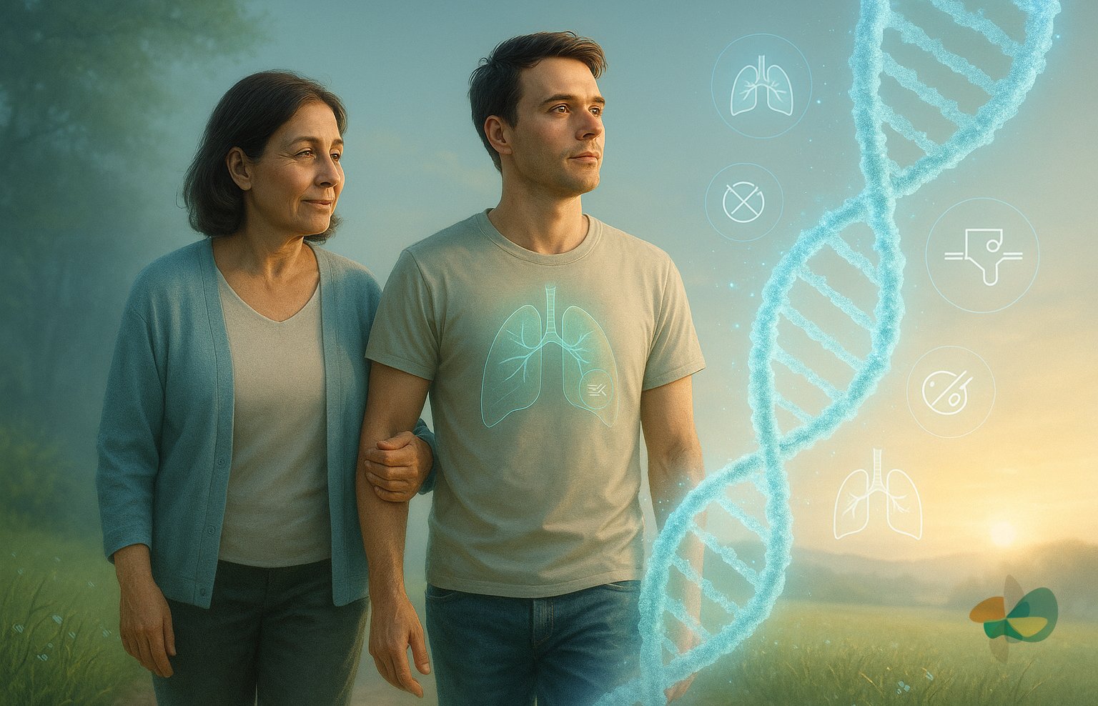 Ilustração realista de uma mulher caminhando ao lado de seu filho adulto ao nascer do sol, com estruturas translúcidas de DNA representando mutação EGFR e esperança no tratamento do câncer de pulmão.